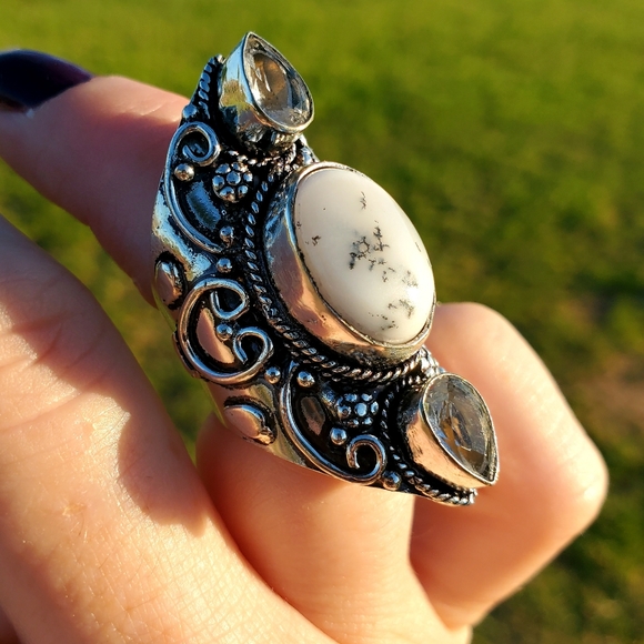 New Dendritic Opal & White Topaz 925 Silver Statement Ring. - Picture 12 of 14